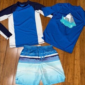Under armour boys blue large swim trunks with 2 cat & jack rashguards EUC